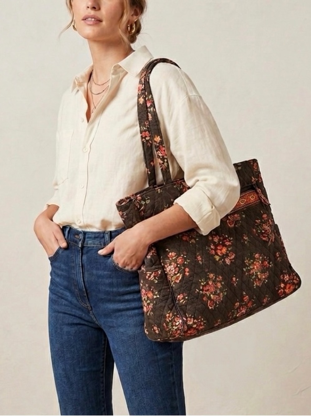 Vera Bradley Chocolate Brown Floral Metropolitan Computer Tote Bag